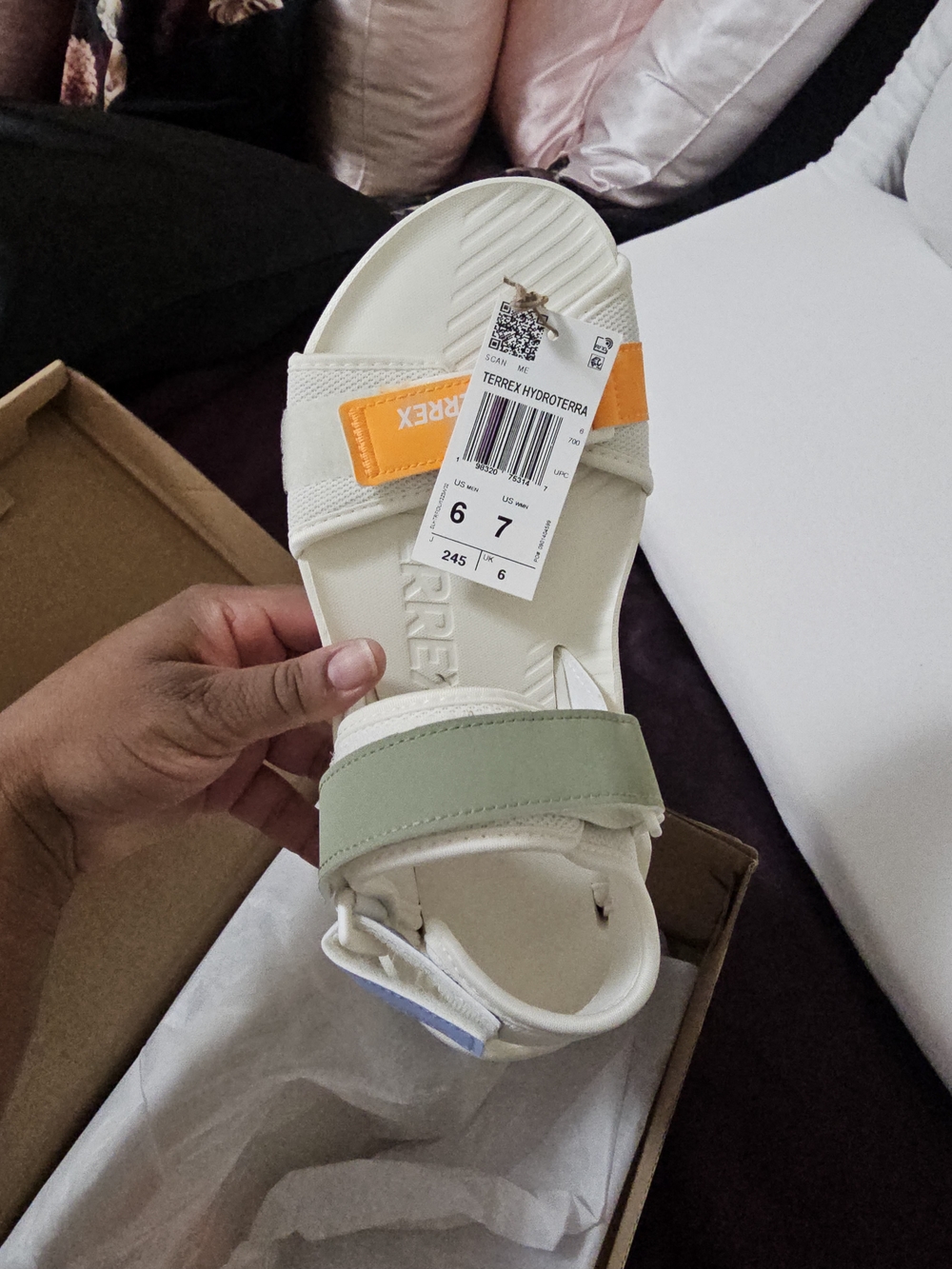 adidas White Sandal with Orange and Sage Green Straps